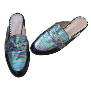 Betsey Johnson Rainbow Oil Slick Black Marker Slip On Mule sz 6.5 Retro Casual